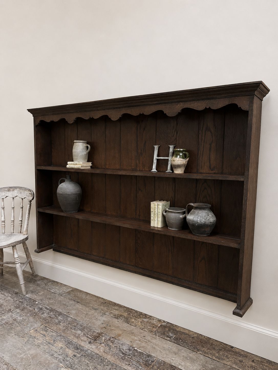 Large Antique Solid Oak Wall Mounted Shelving Unit photo for sale