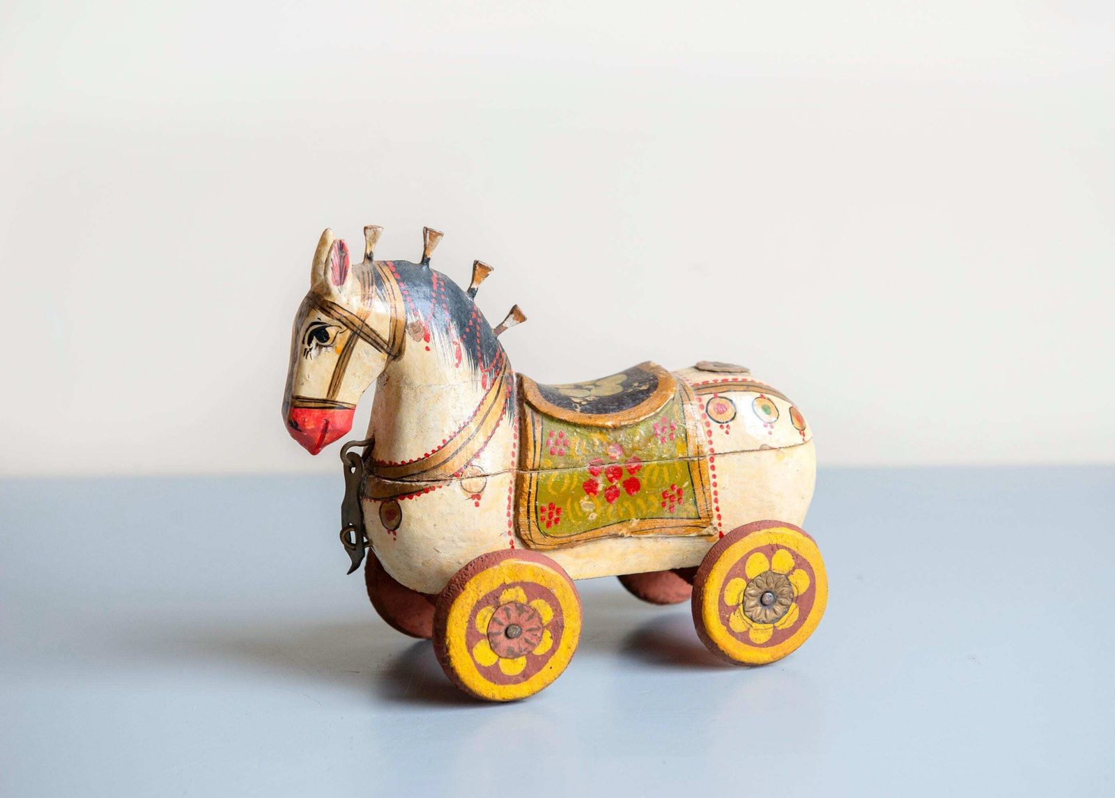 Antique Indian Wooden Horse Box On Wheels   Hand Painted Rajasthani Folk Art Trinket Box