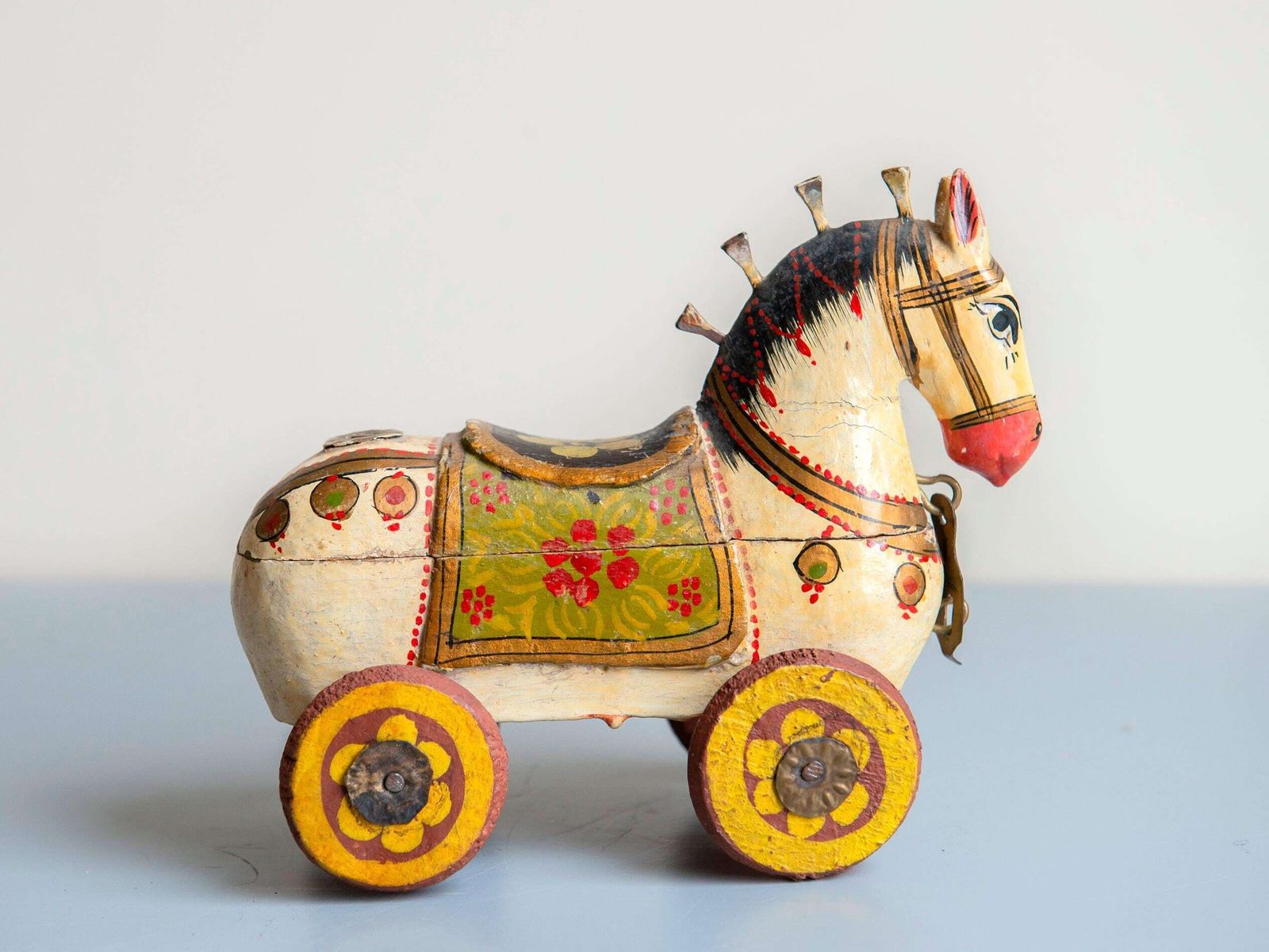 Antique Indian Wooden Horse Box On Wheels   Hand Painted Rajasthani Folk Art Trinket Box photo for sale