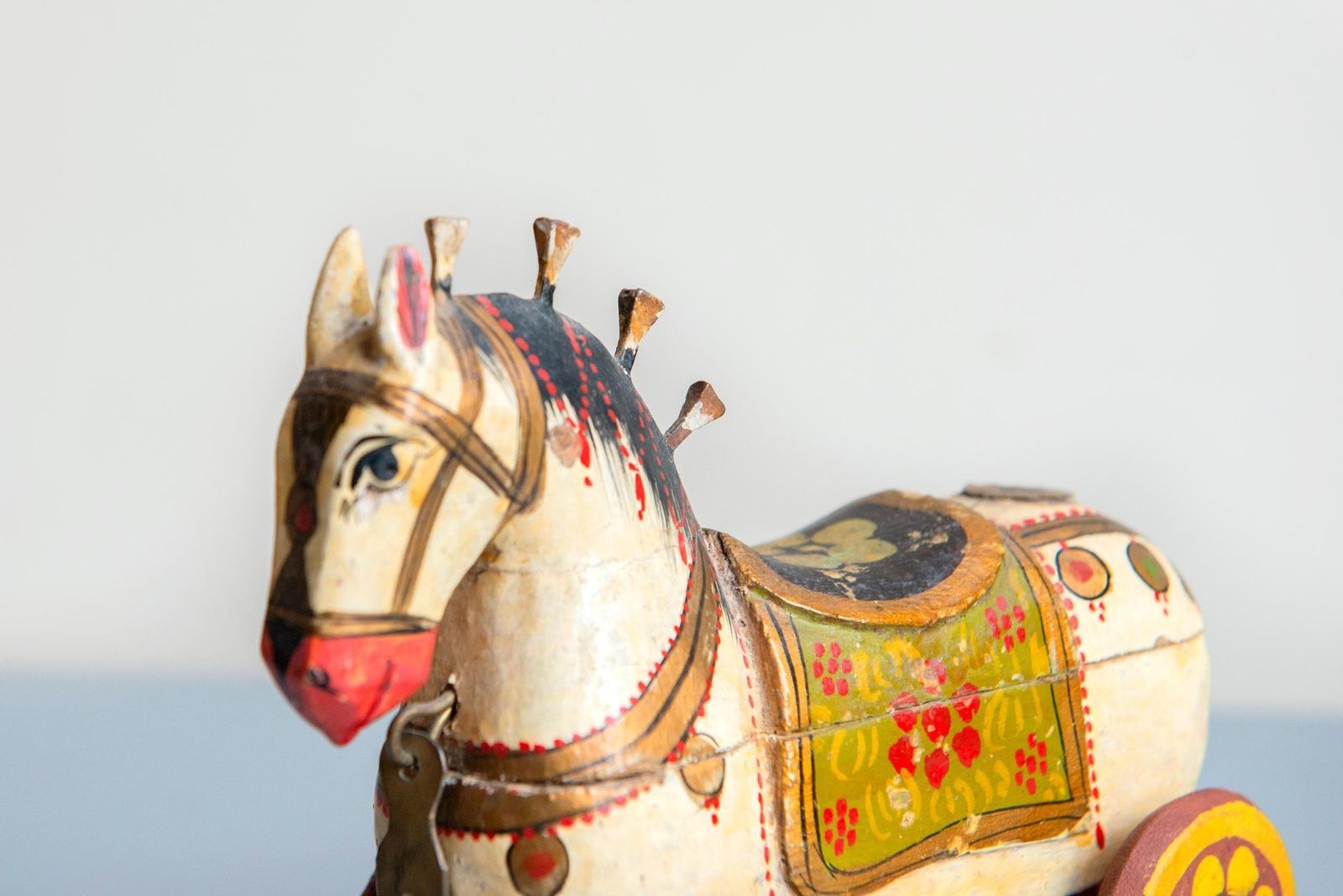 Antique Indian Wooden Horse Box On Wheels   Hand Painted Rajasthani Folk Art Trinket Box photo vinterior