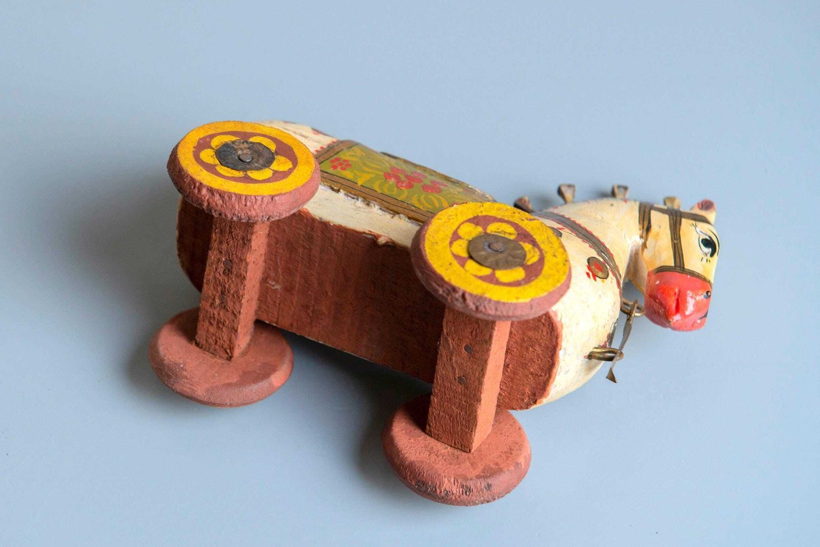 Antique Indian Wooden Horse Box On Wheels   Hand Painted Rajasthani Folk Art Trinket Box photo vintage