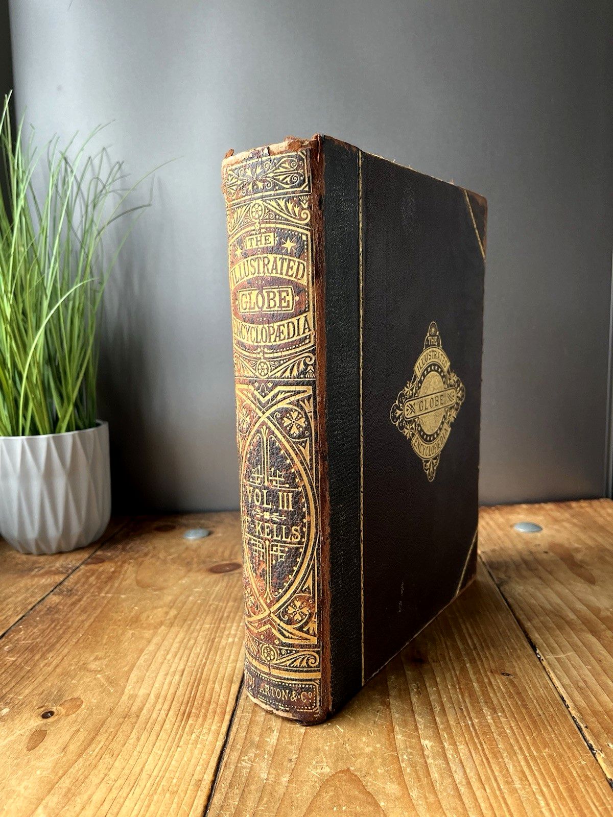 Antique Victorian Decorative Book 1880 Gilt Leather Globe Encyclopaedia Vol III
