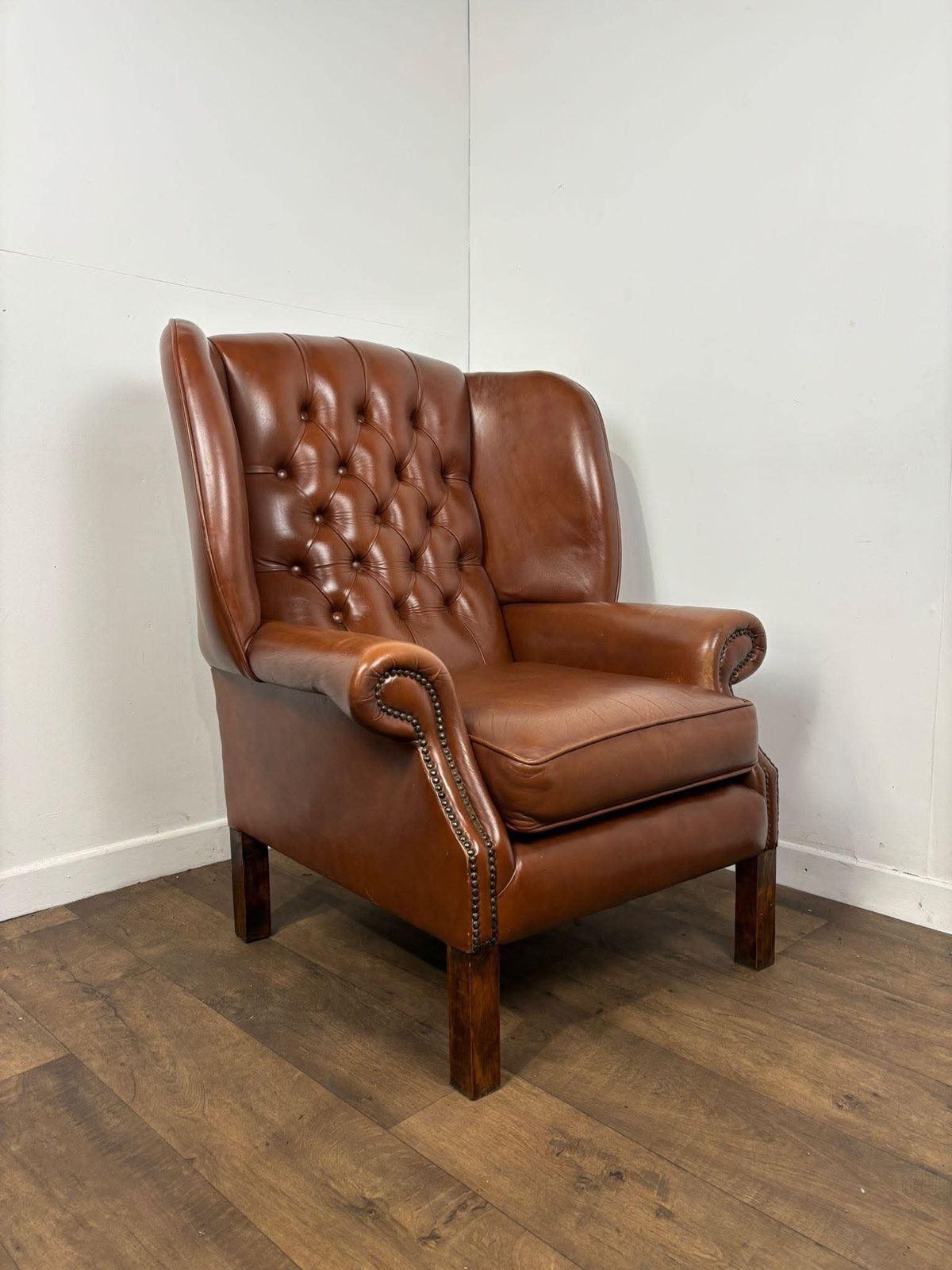 Tan Leather Chesterfield Style Wingback Armchair photo vintage