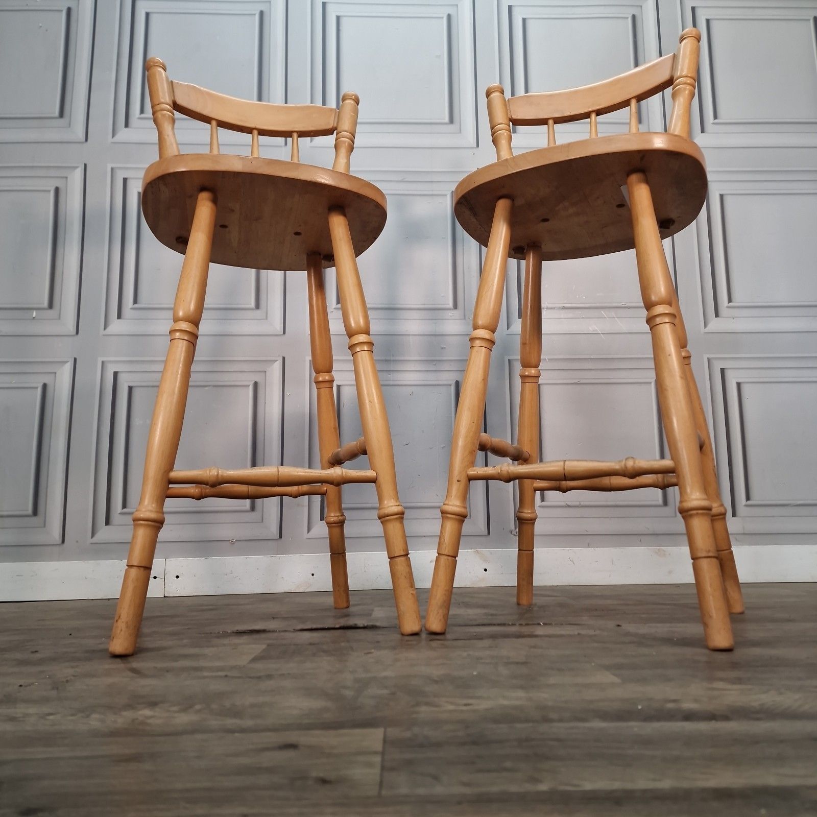 Vintage Breakfast Bar Stools Solid Wood Kitchen Tall Chairs Seats Early Settler photo for sale