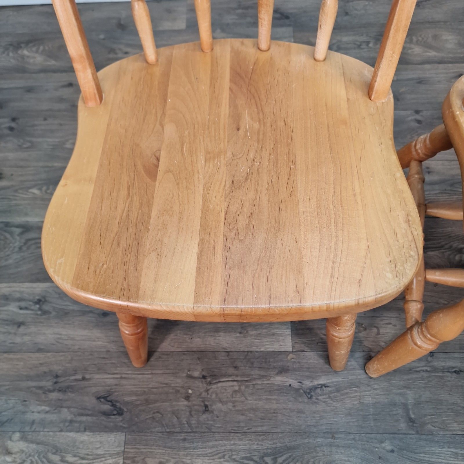 Pair Vintage Windsor Chairs Turned Beech Spindle Back Kitchen Dining Seat Retro photo vinterior