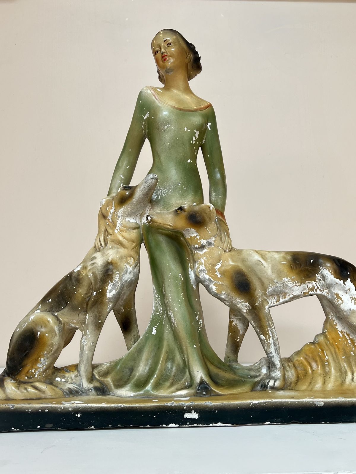 Very Large Art Deco Lady With Greyhounds Sculpture
