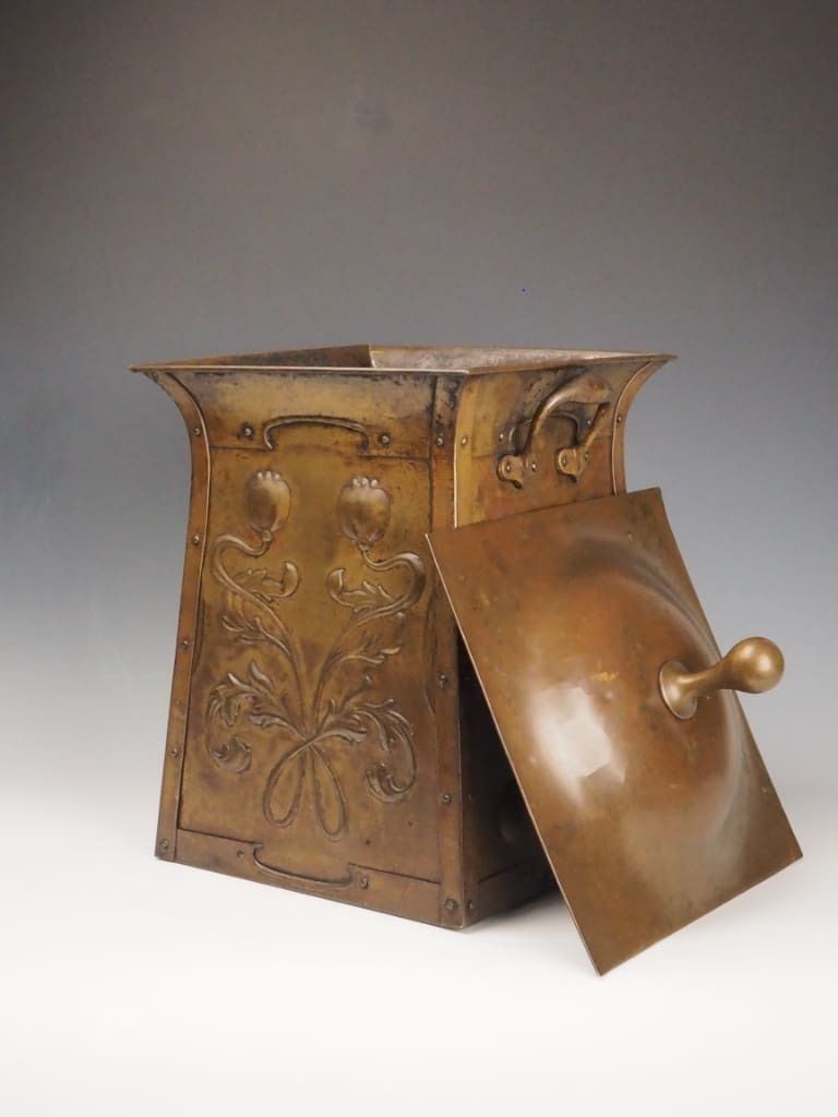 Art Nouveau Brass Fireside Coal Scuttle, Late 19th Century photo vintage