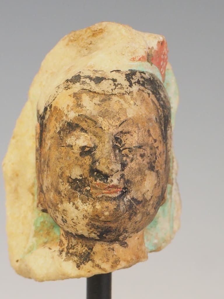 Antique Fragment Of A Polychrome Painted Chinese Buddha Head photo vinterior