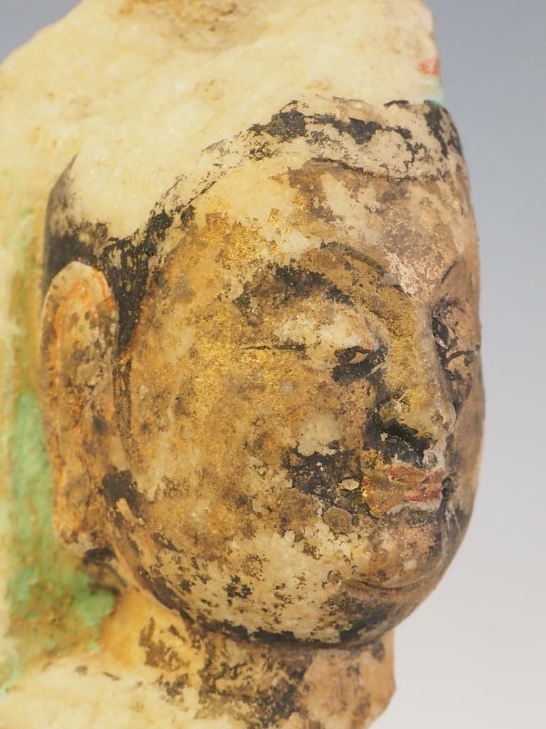 Antique Fragment Of A Polychrome Painted Chinese Buddha Head photo vintage