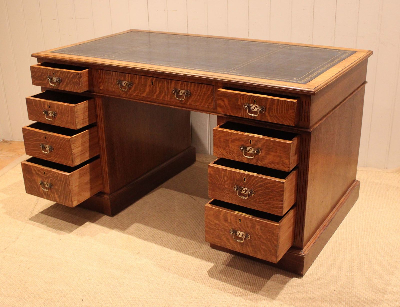 photo for sale Large Edwardian Figured Oak Pedestal Desk