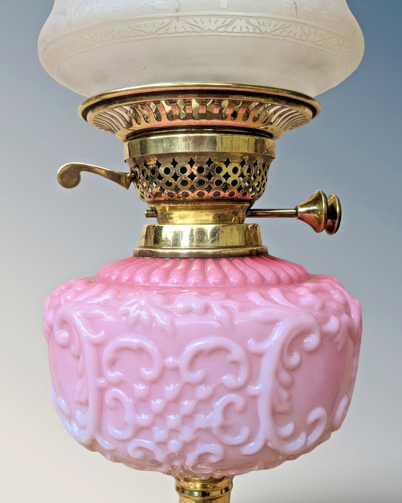 Victorian Pink Glass Oil Lamp, 1800s photo for sale