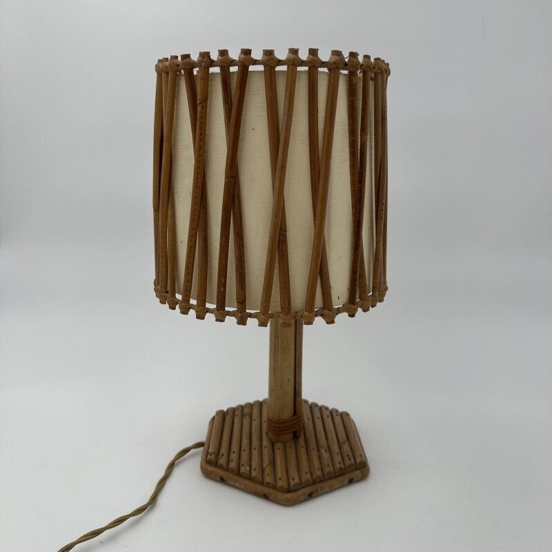 Rattan Table Lamp With Cross Shaped Shade, Attributed To Louis Sognot, 1950s. photo for sale
