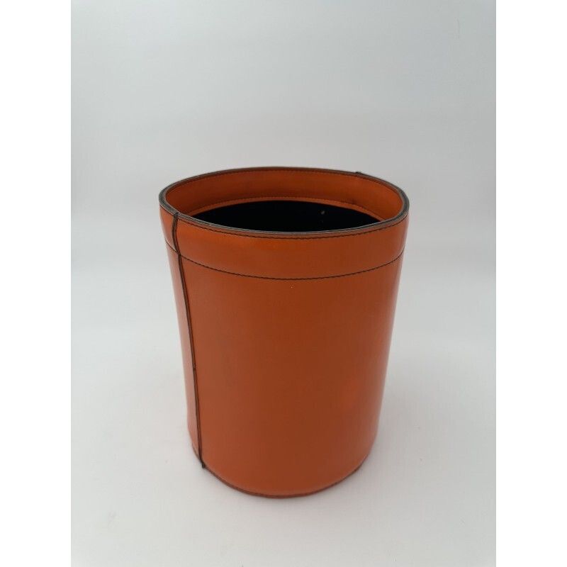 Orange Leather Wastepaper Basket In The Style Of Hermès, 1970s 1980s