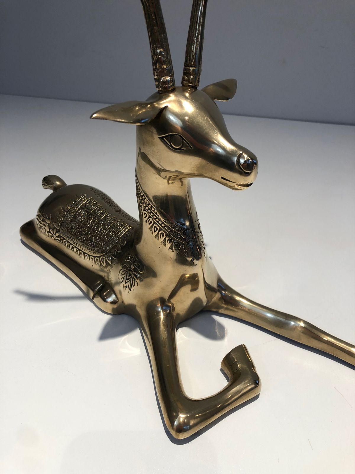 Pair Of Bronze Reclining Deer Engraved With Shamanic Motifs. French Work. Circa 1970 photo vintage