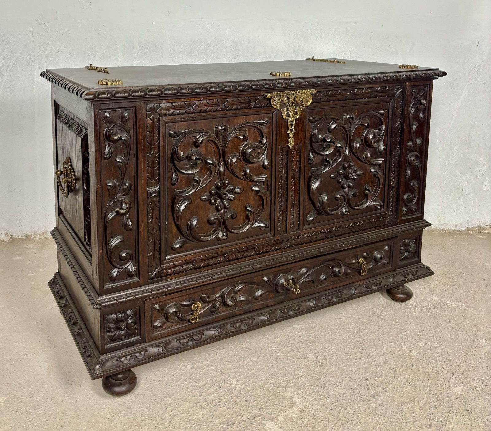 photo furniture Spanish Carved Blanket Chest, Renaissance Revival Style