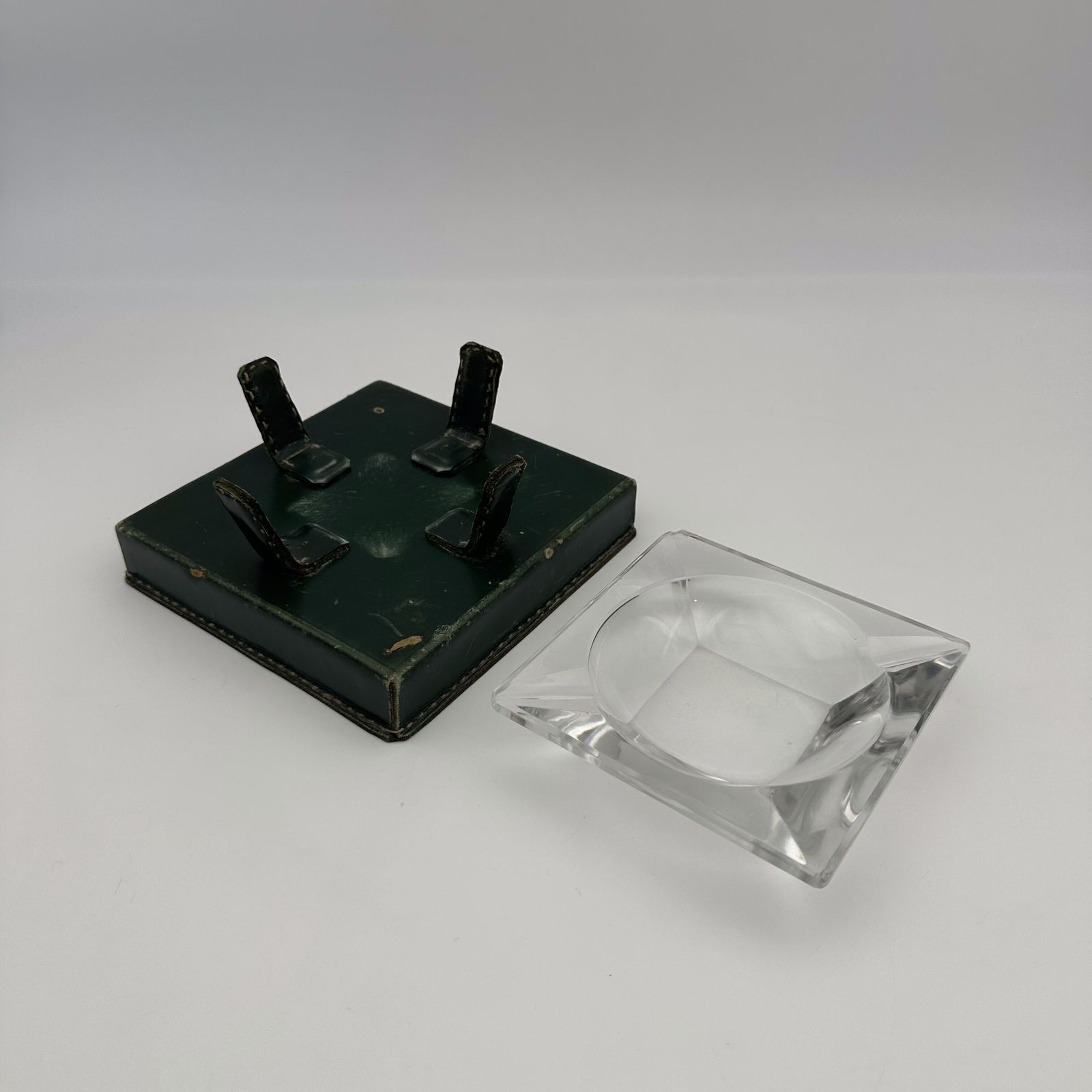 Green Leather And Crystal Ashtray In The Style Of Jacques Adnet, 1950s. photo Home Decor
