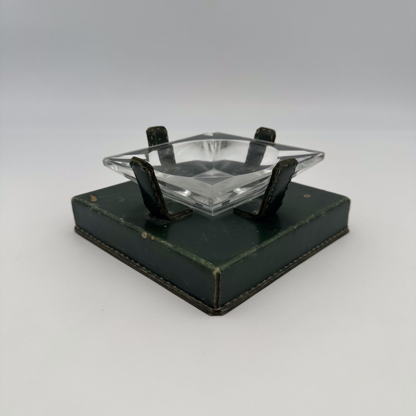 Green Leather And Crystal Ashtray In The Style Of Jacques Adnet, 1950s. photo vintage
