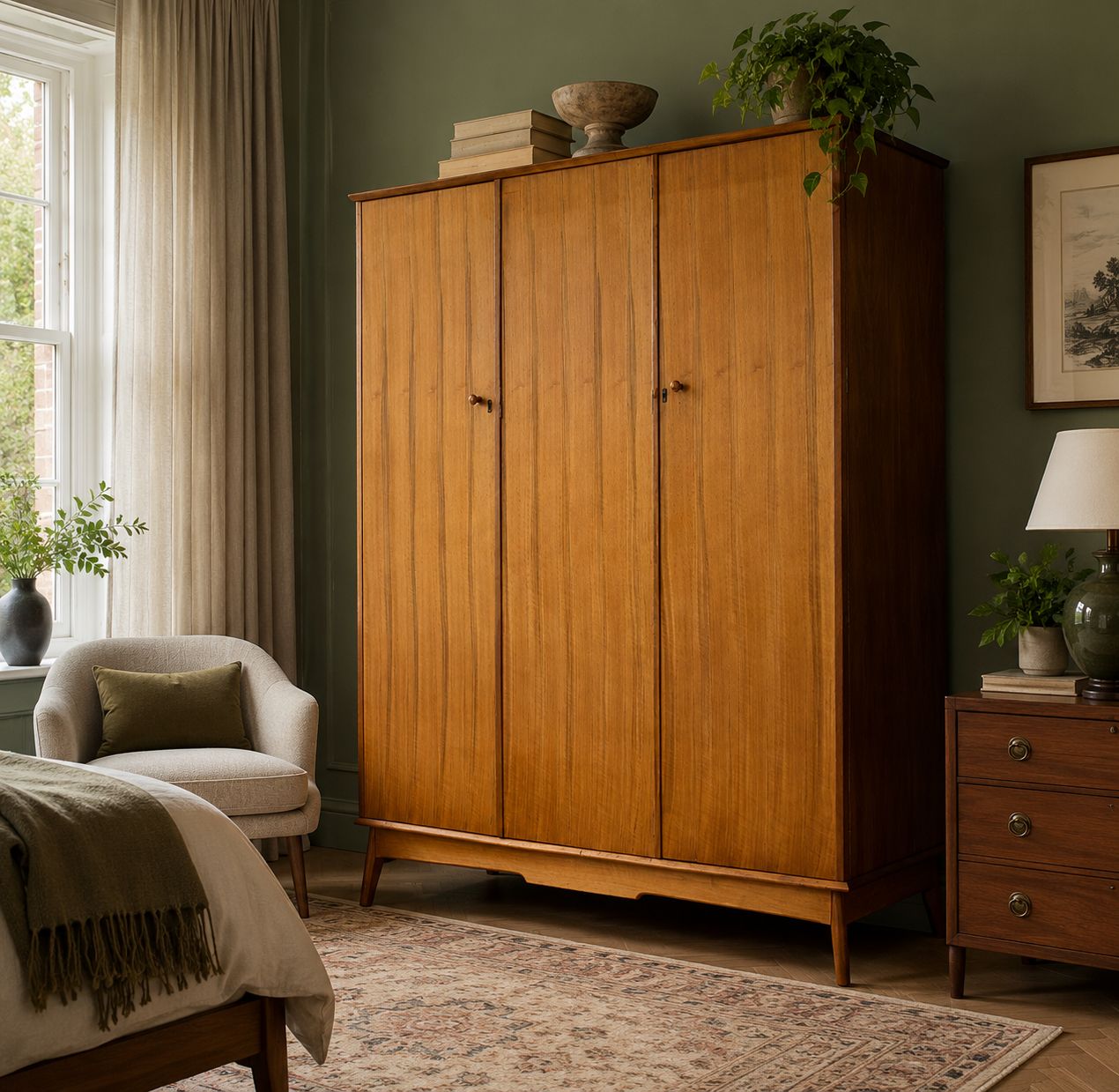 photo vinterior Mid Century Walnut Triple Door Wardrobe From Alfred Cox , 1950's, #1781