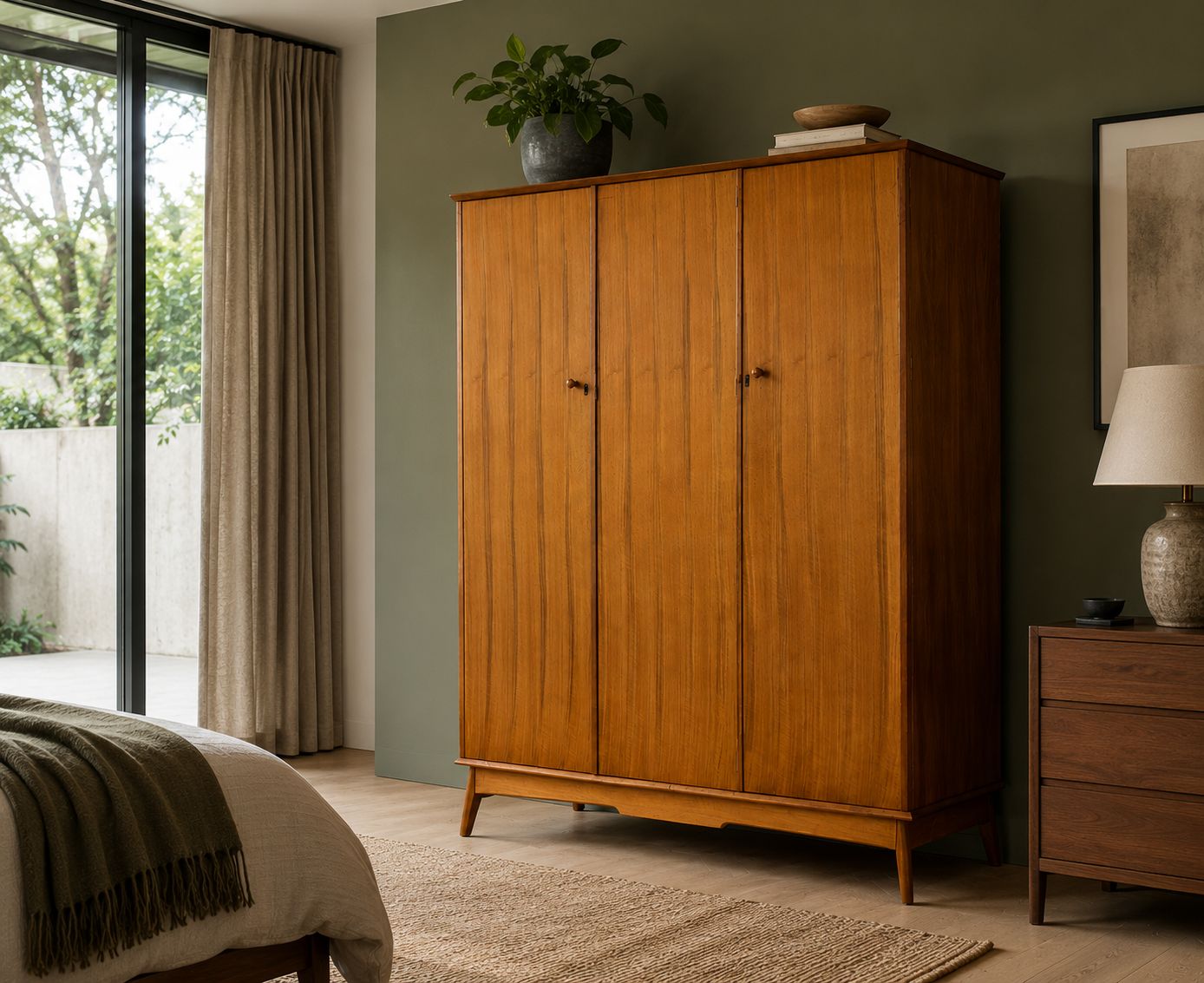 photo buy Mid Century Walnut Triple Door Wardrobe From Alfred Cox , 1950's, #1781