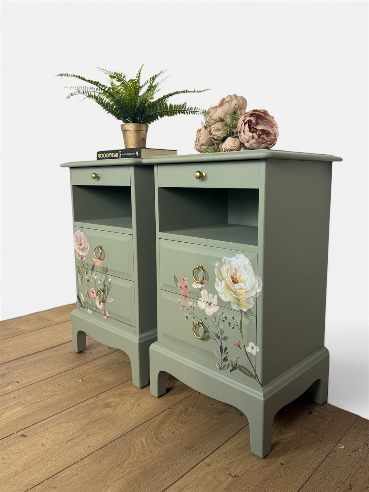 Rare Refinished Vintage Stag Minstrel Tea Tray  Bedside Tables In Pale Sage Green With Floral Design photo furniture