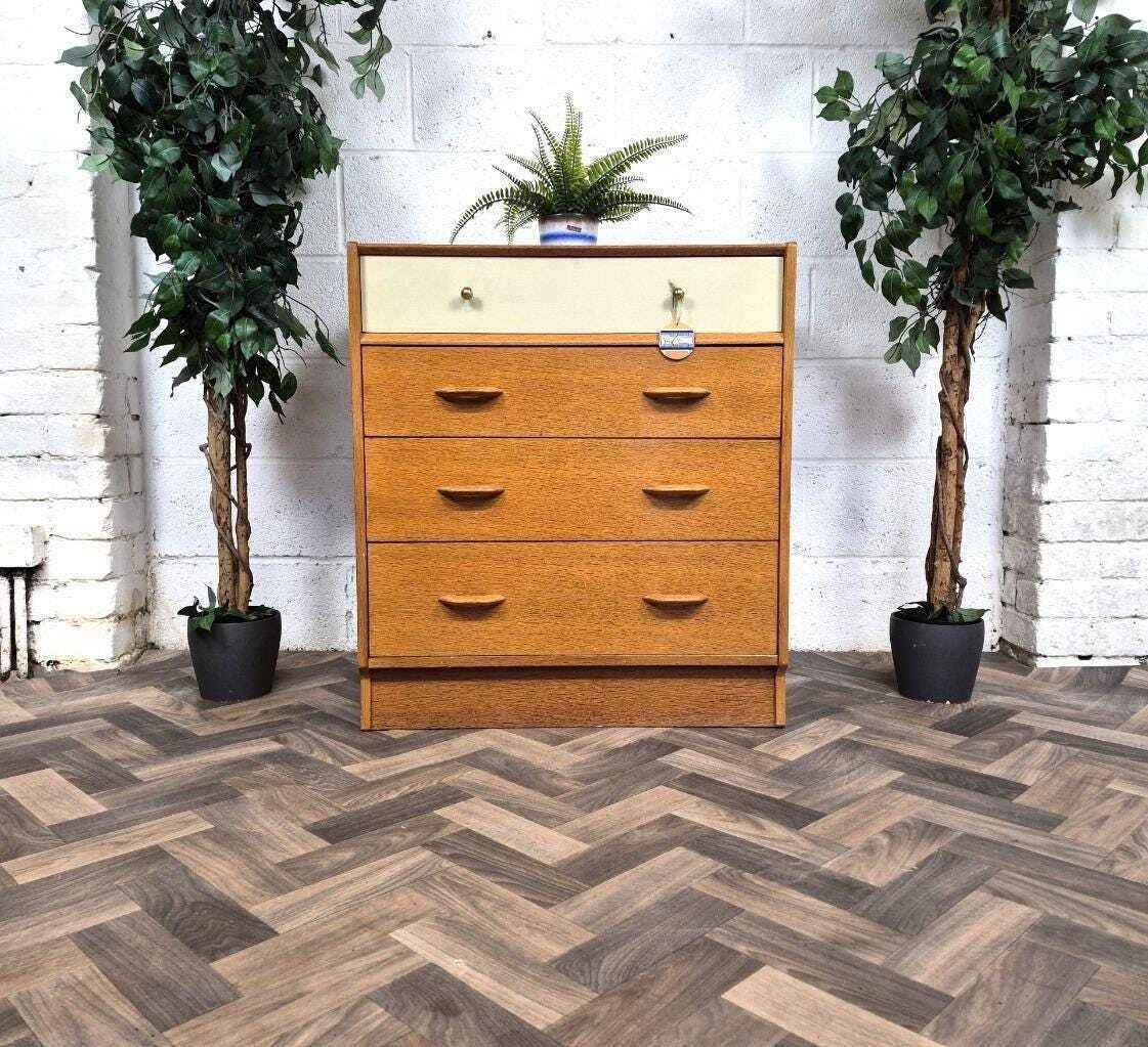 Vintage Mid Century G Plan Brandon Oak & White Chest Of 4 Drawers