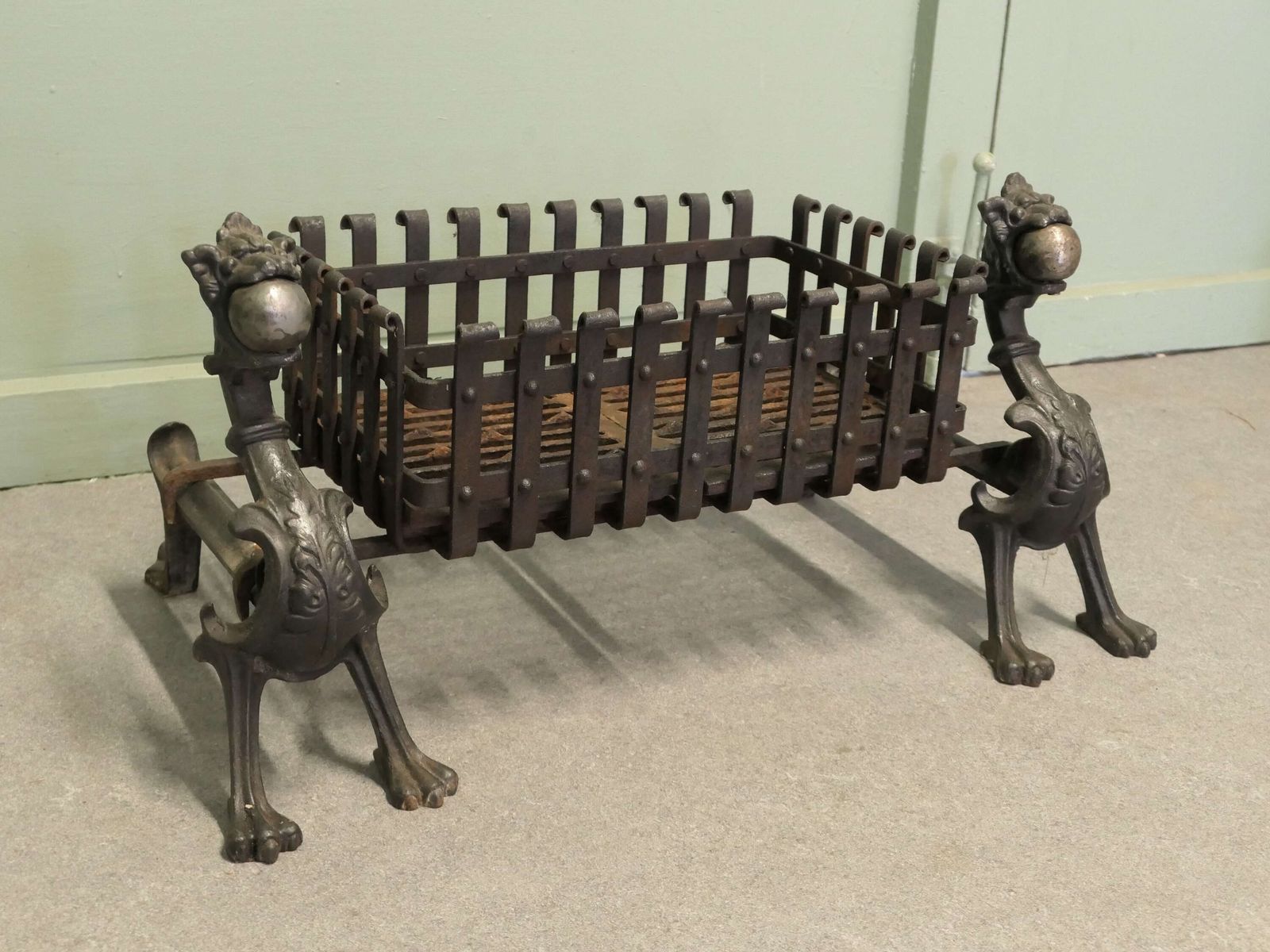Gothic Inglenook Grate Set On Dragon Andirons These Are Heavy Iron Andirons photo for sale