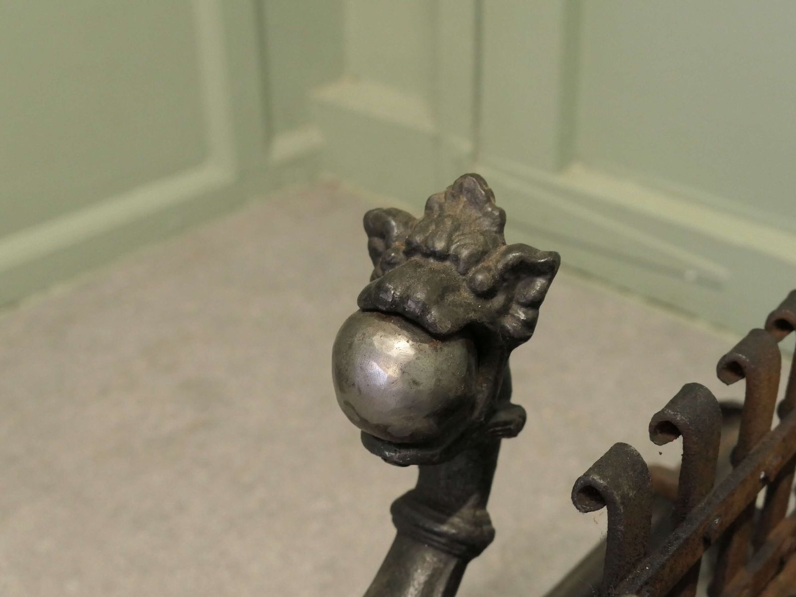 Gothic Inglenook Grate Set On Dragon Andirons These Are Heavy Iron Andirons photo 780.0