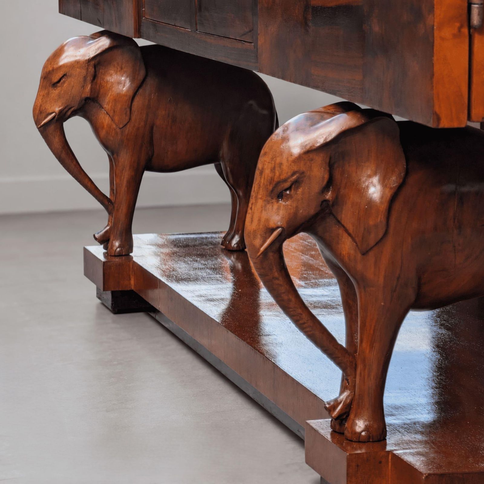 Sicilian Art Deco Sideboard Drawers Wood With Hand Carved Elephants, 1930s photo Furniture
