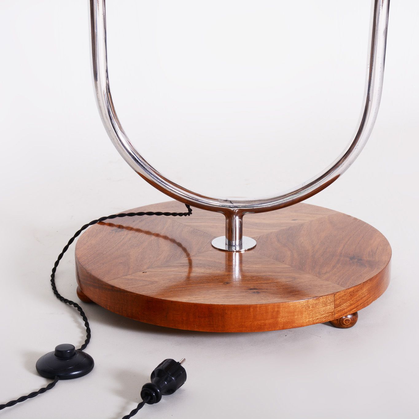 Restored Bauhaus Floor Lamp, By R. Slezak, Walnut, Chrome, Glass, Czech, 1930s photo vinterior