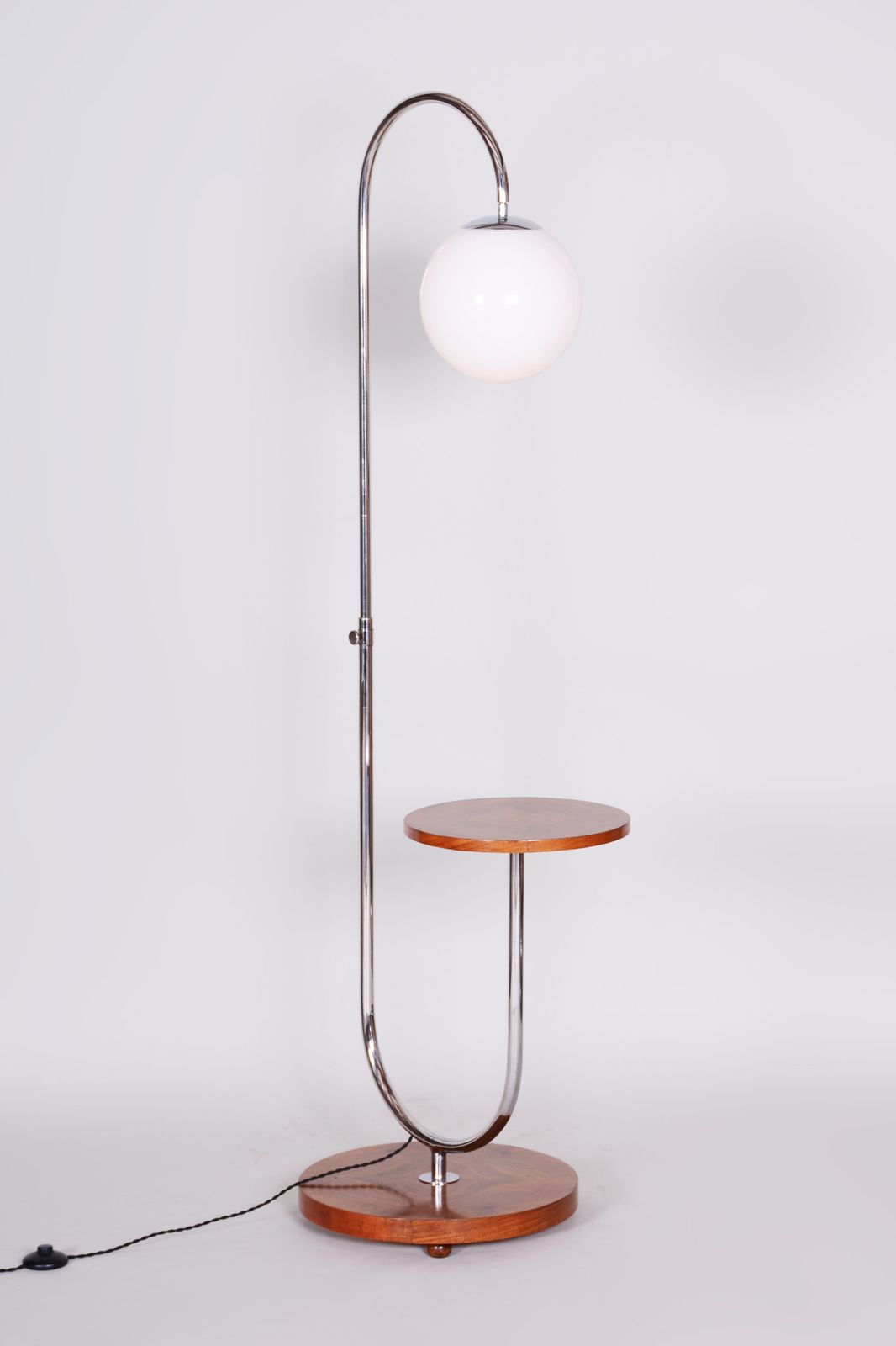 Restored Bauhaus Floor Lamp, By R. Slezak, Walnut, Chrome, Glass, Czech, 1930s photo vintage