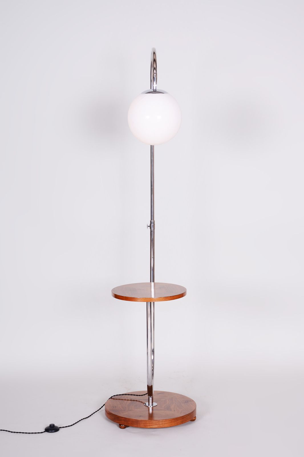 photo furniture Restored Bauhaus Floor Lamp, By R. Slezak, Walnut, Chrome, Glass, Czech, 1930s