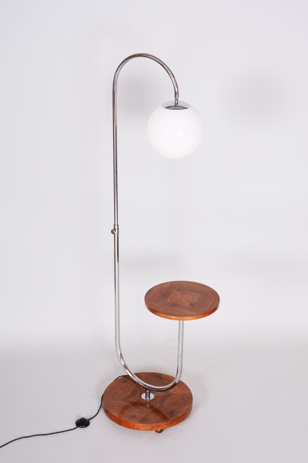 1200.0 Restored Bauhaus Floor Lamp, By R. Slezak, Walnut, Chrome, Glass, Czech, 1930s photo