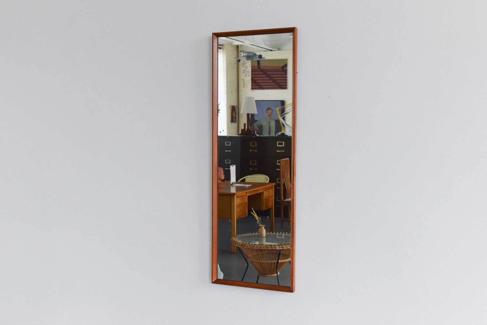 Vintage Long Thin Teak Framed Wall Mirror photo furniture