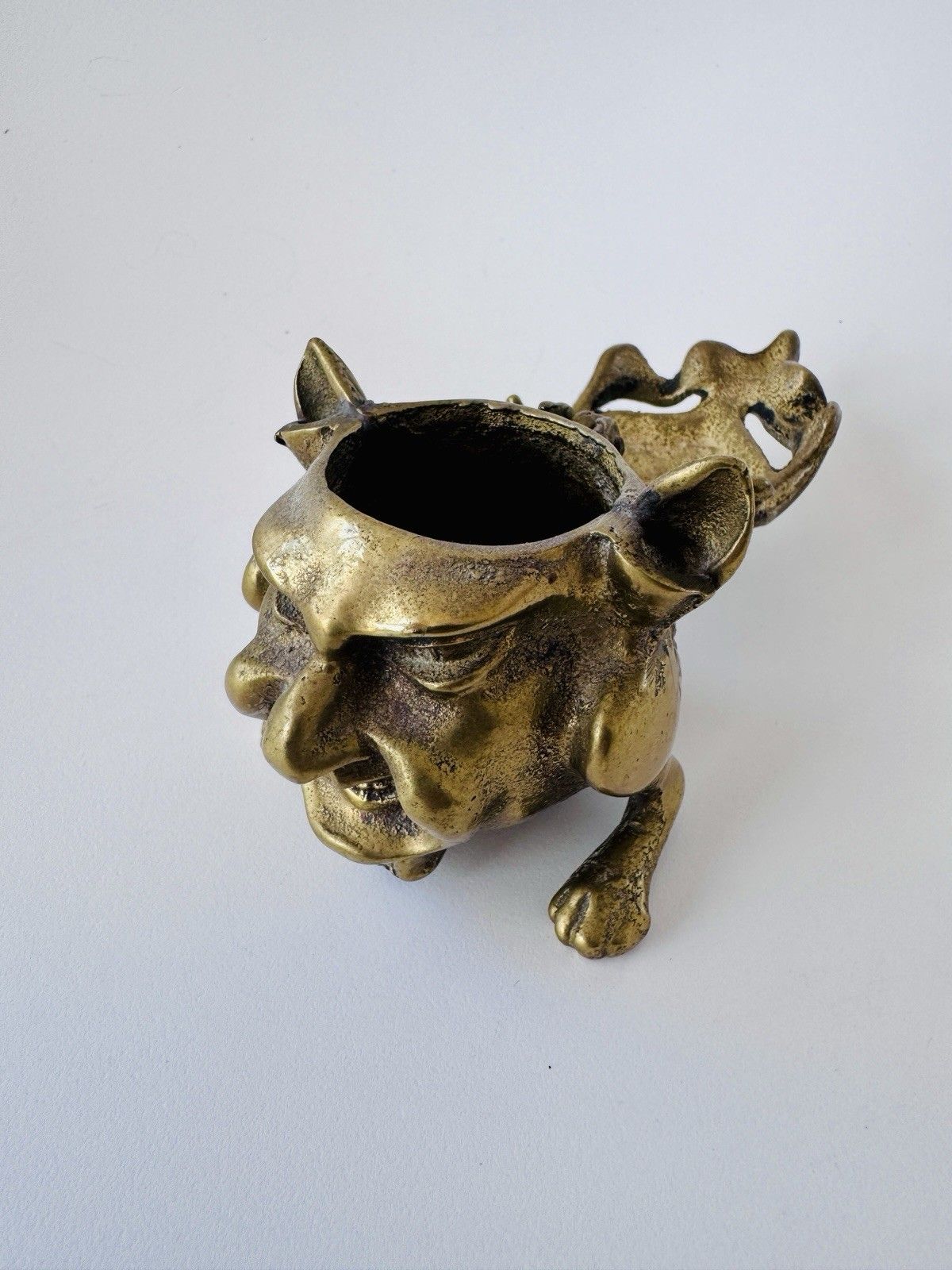 Antique Inkwell 1880 1900 Brass Grotesque Devil Imp Ink Dip Stand Gothic photo vintage
