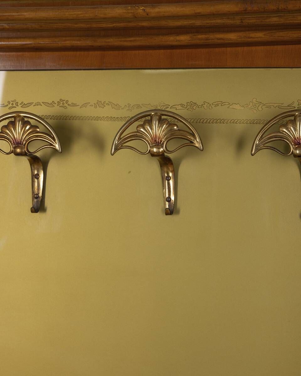 Vintage 1950s Wall Coat Rack In Wood And Decorated Glass, Italian Design photo for sale