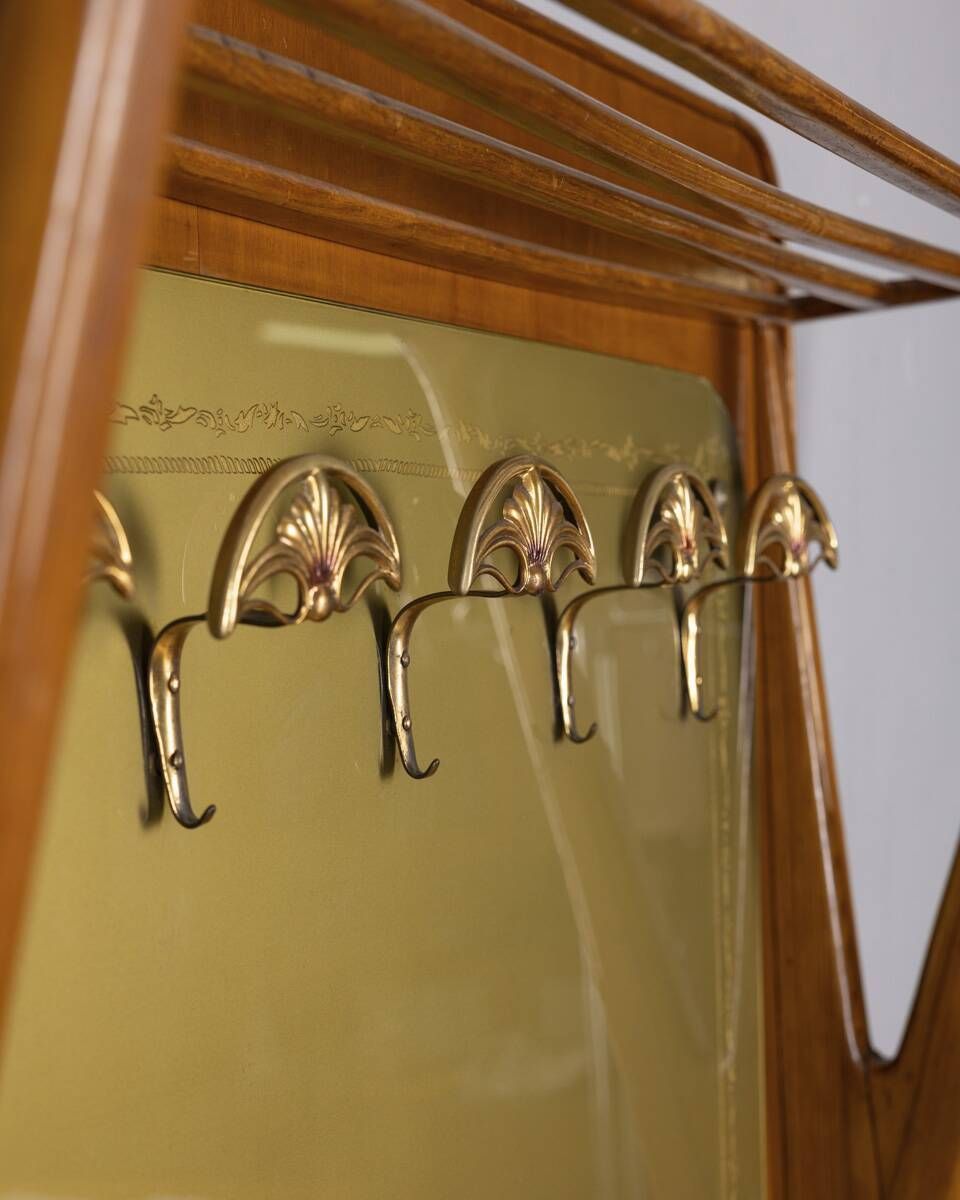Vintage 1950s Wall Coat Rack In Wood And Decorated Glass, Italian Design photo vinterior