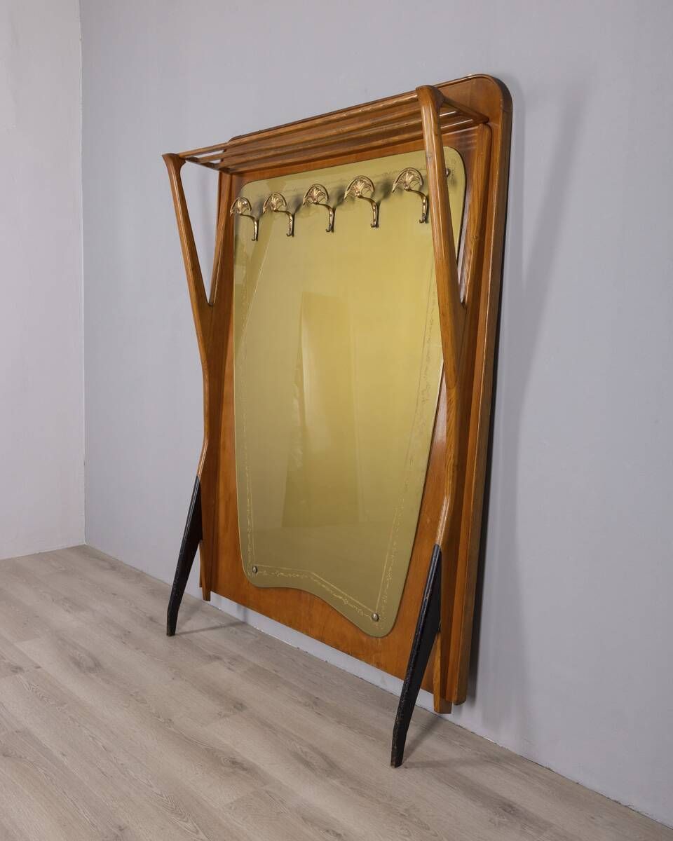 Vintage 1950s Wall Coat Rack In Wood And Decorated Glass, Italian Design photo vintage