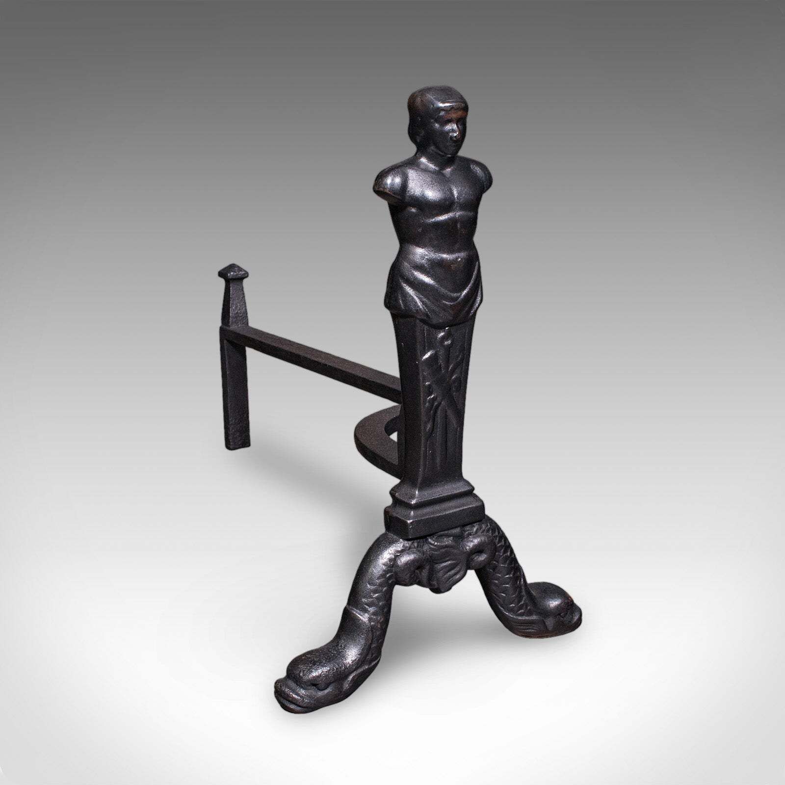 Pair Of Vintage Figural Andirons, English, Fire Dog, Fireplace Rests, Art Deco photo Home Fixtures