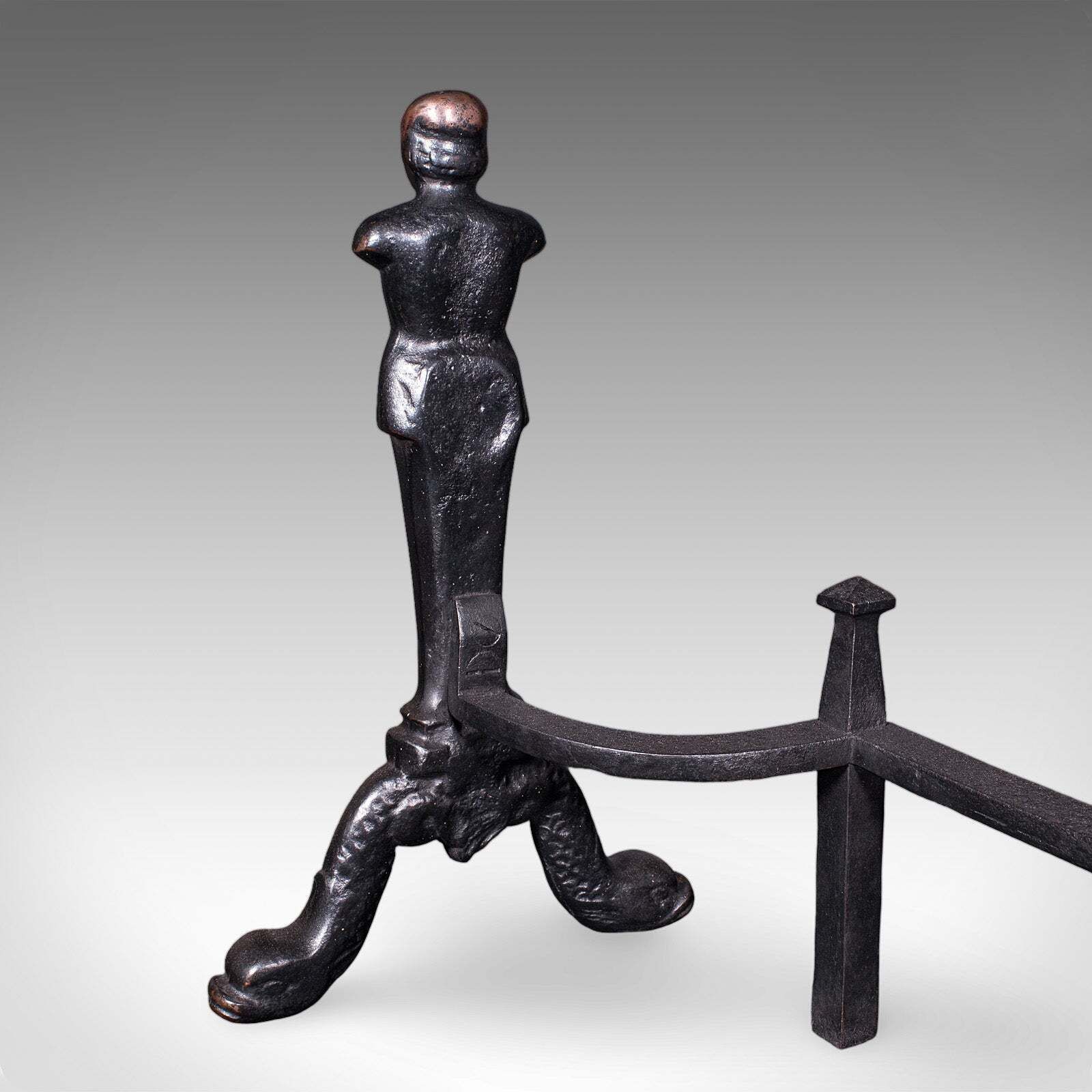 photo for sale Pair Of Vintage Figural Andirons, English, Fire Dog, Fireplace Rests, Art Deco