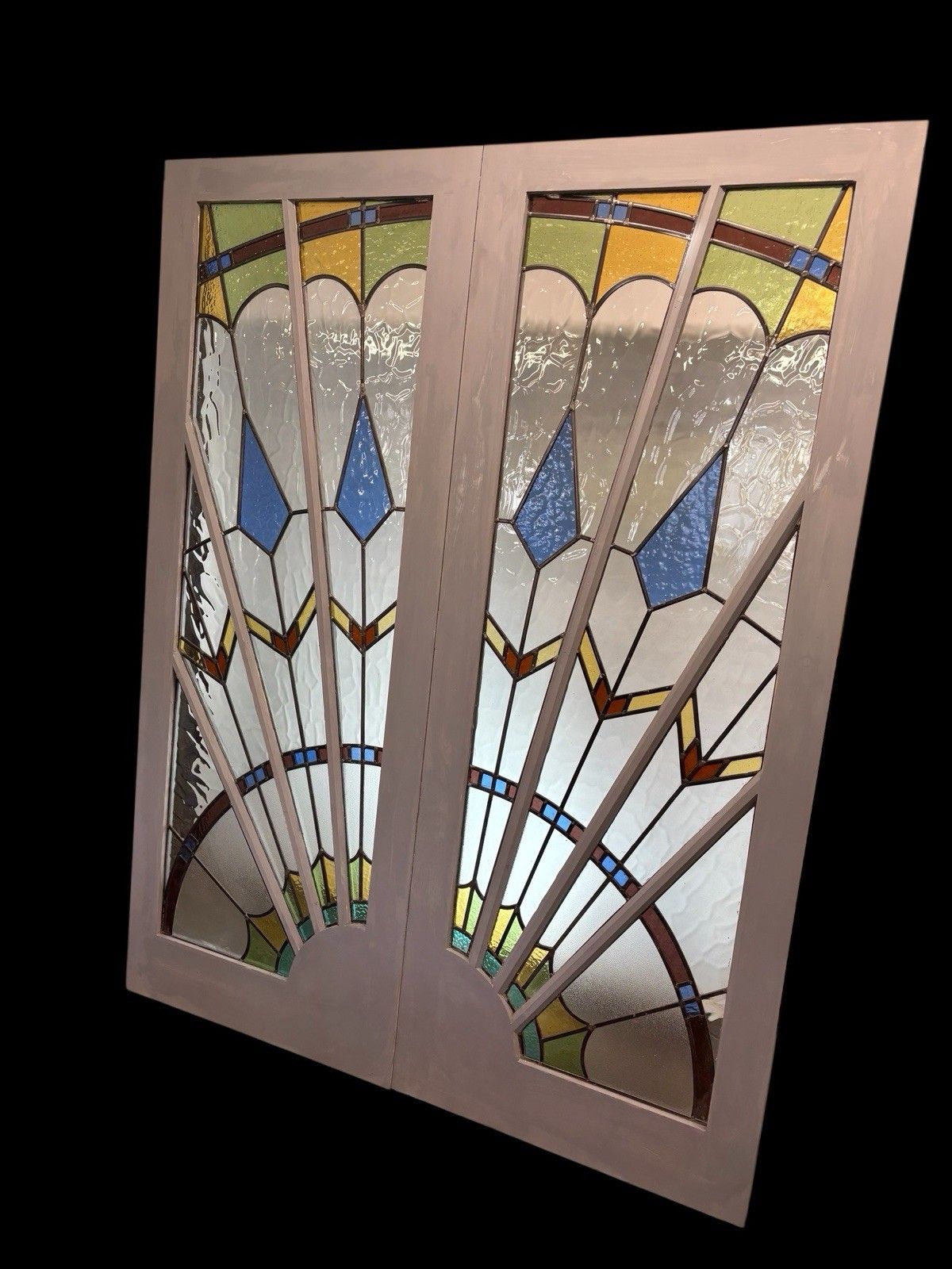Art Deco Stained Glass French Doors Period Reclaimed Antique Double Leaded Pair photo Home Fixtures