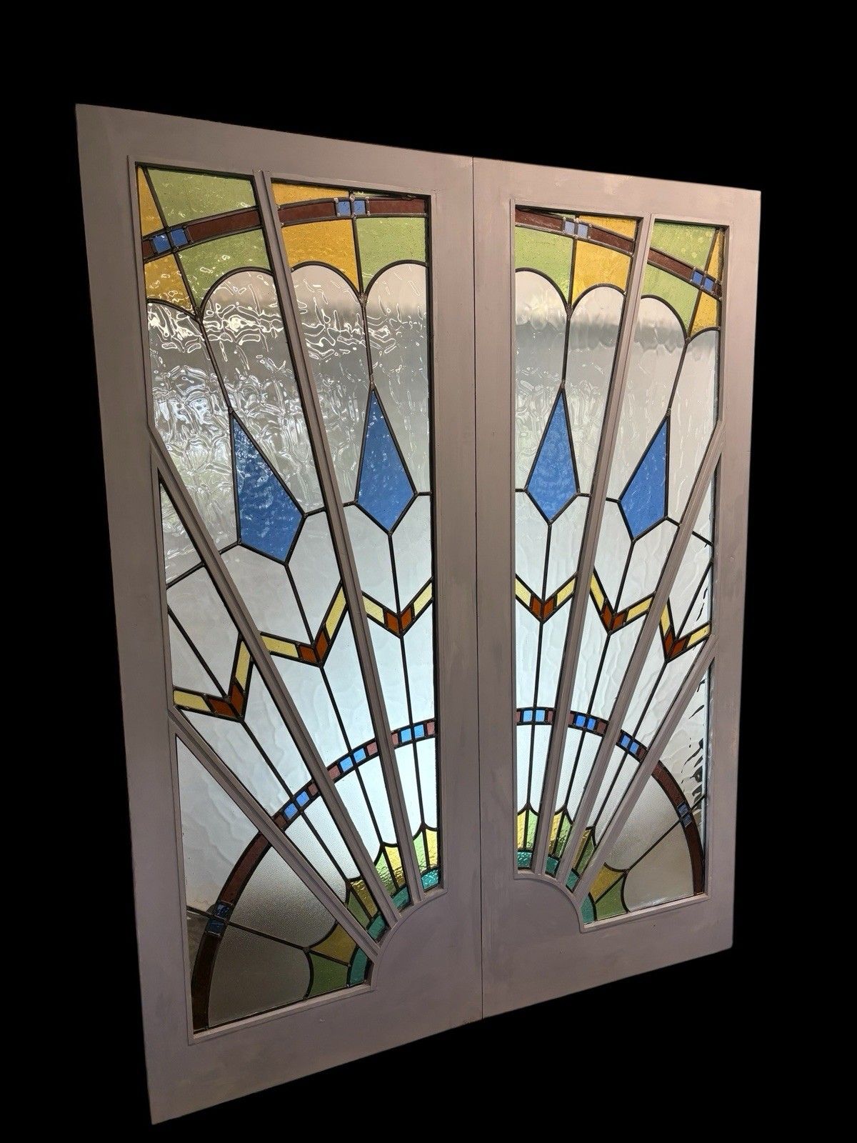 Home Fixtures Art Deco Stained Glass French Doors Period Reclaimed Antique Double Leaded Pair photo