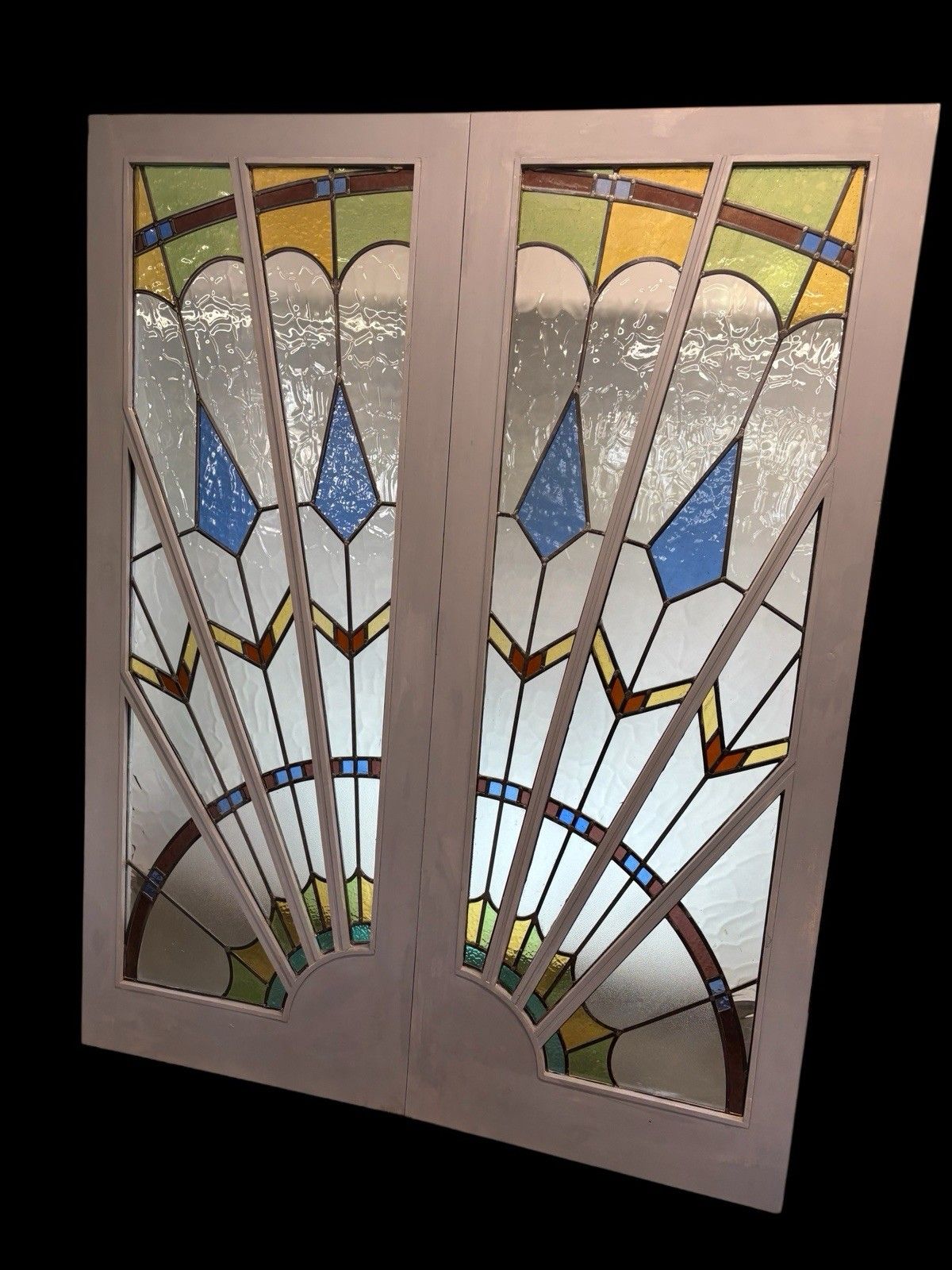 3481.0 Art Deco Stained Glass French Doors Period Reclaimed Antique Double Leaded Pair photo