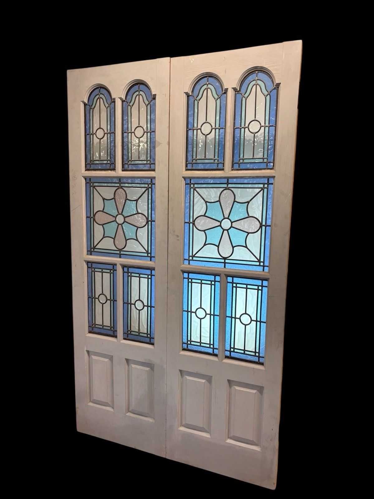 Edwardian Stained Glass Doors Antique Period Reclaimed Old French Double Leaded photo for sale