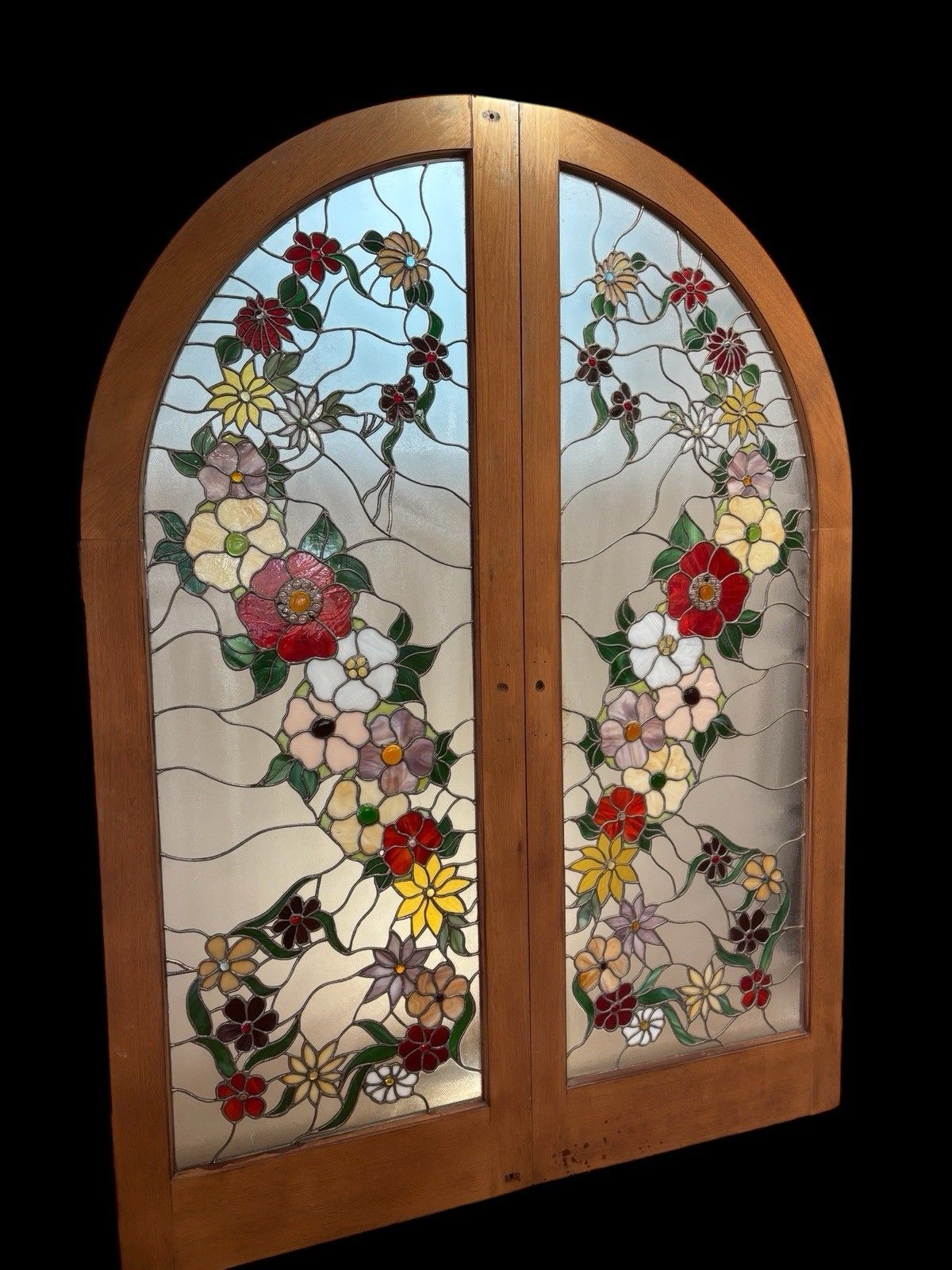 Rare Antique Tiffany Stained Glass French Doors Period Reclaimed Opd Refurb Teak photo furniture