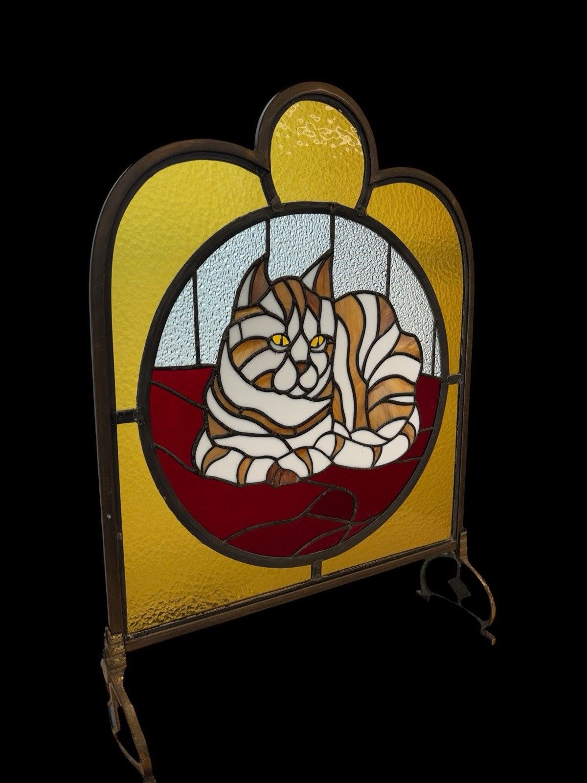 Antique Brass Fire Guard Stained Glass Tiffany Cat Period Refurbished Nouveau photo for sale