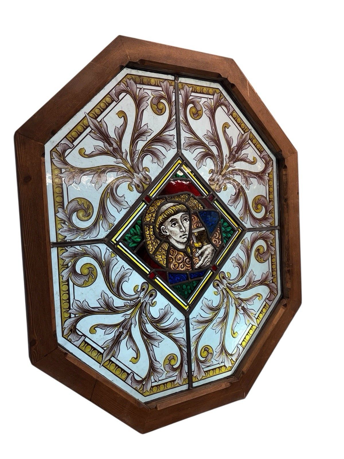 Antique Hand Painted Stained Glass Window Panel Period Reclaimed Restored Leaded photo Art