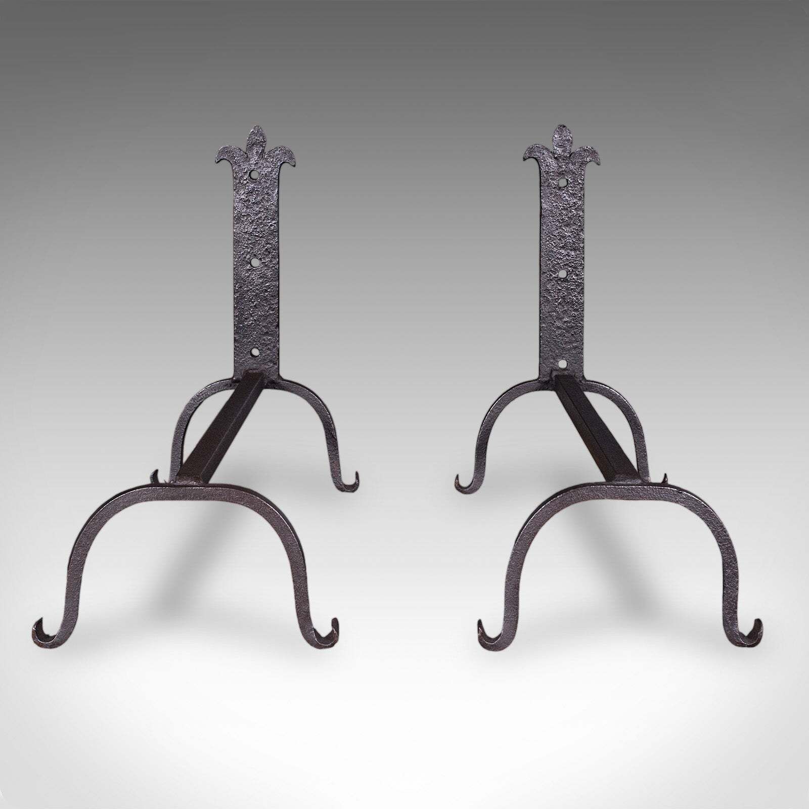 Pair Of Antique Fire Dogs, English, Blacksmith Made, Andirons, Gothic, Edwardian photo for sale