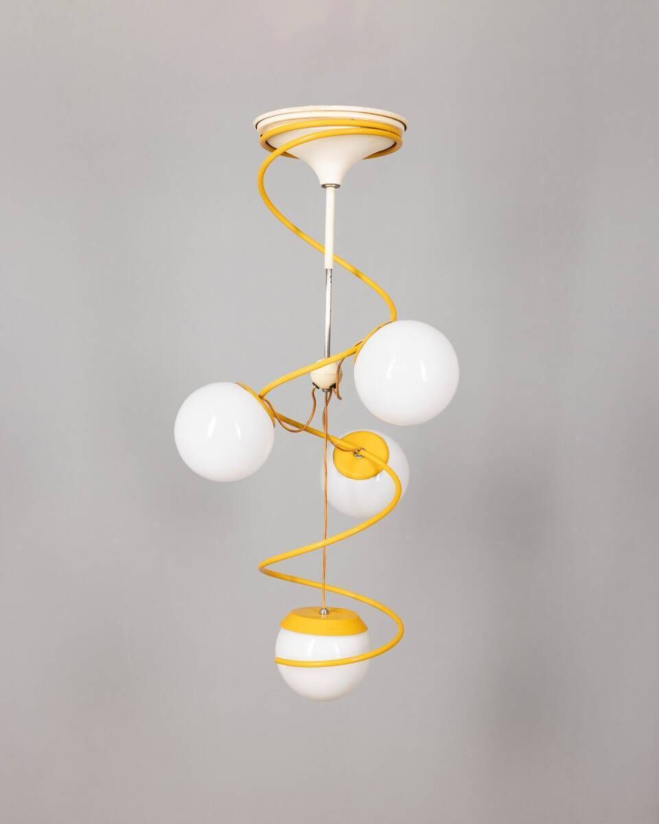 Vintage 1970s Chandelier In Yellow Metal And Glass, Italian Space Age Design photo vinterior