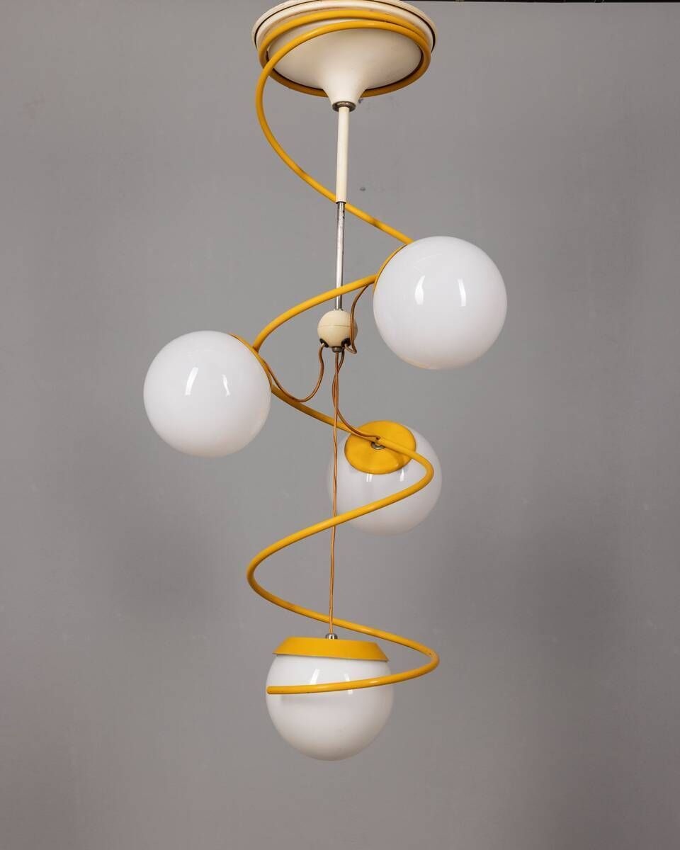 photo furniture Vintage 1970s Chandelier In Yellow Metal And Glass, Italian Space Age Design