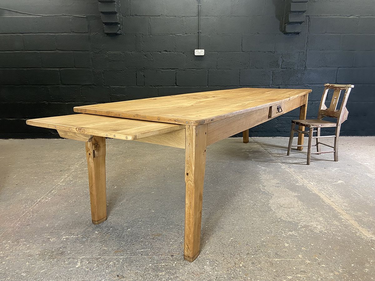 Large French Elm Farm Table With Bread Slide, Circa 1900s